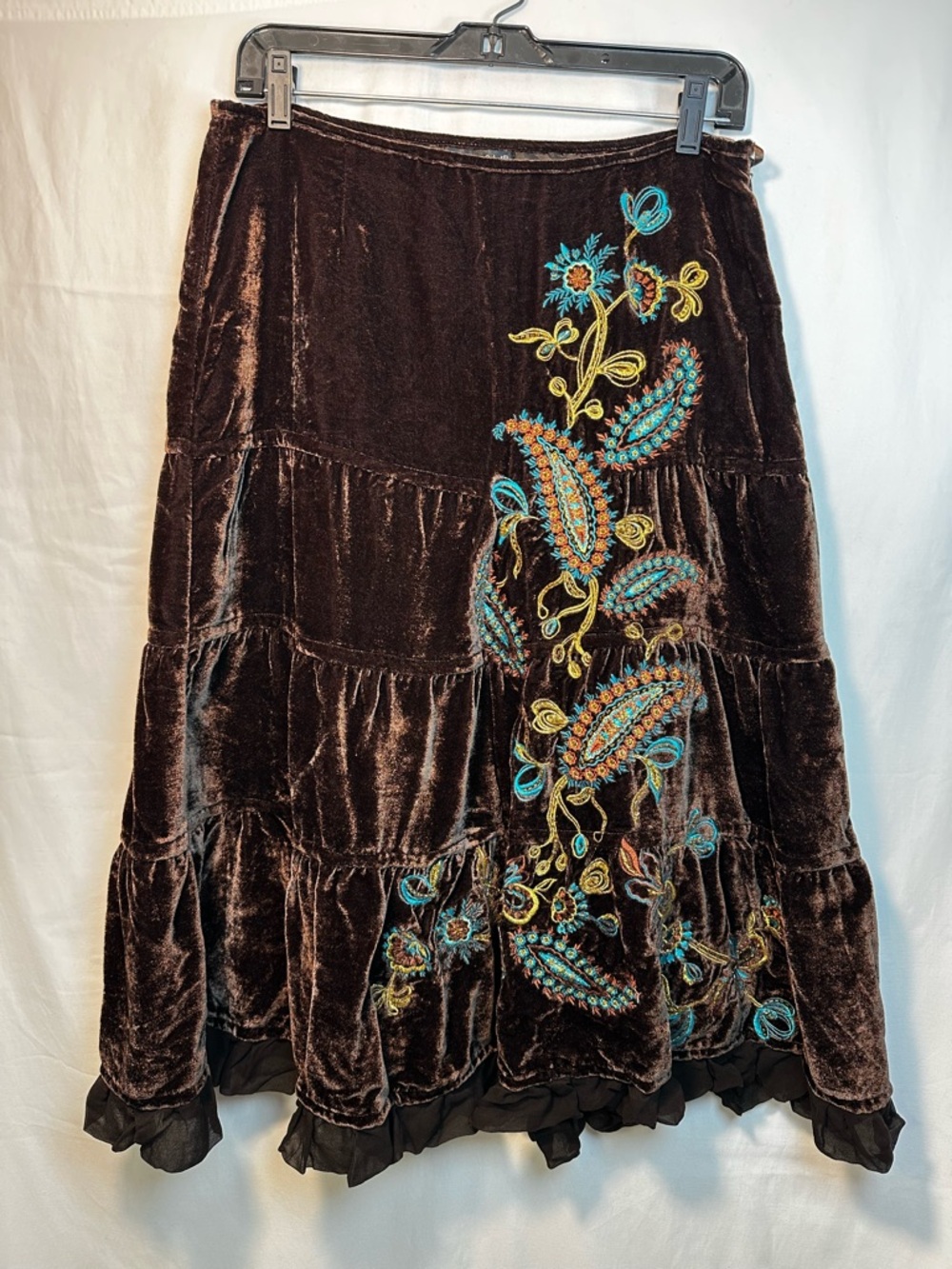 Carole Little Brown Velvet A-Line Midi Skirt with Turquoise & Gold Embroidery
